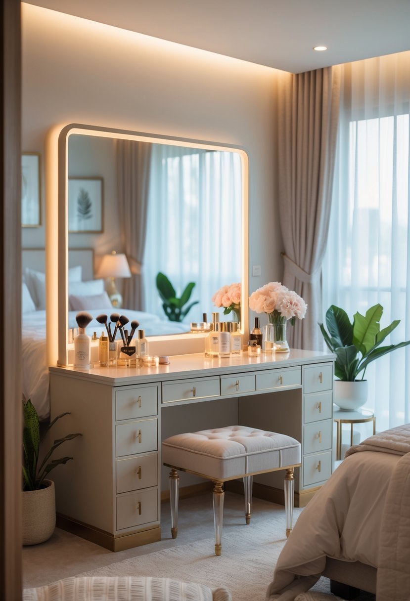 A bedroom with a vanity table, mirror, beauty products, cushioned stool, and soft natural light.