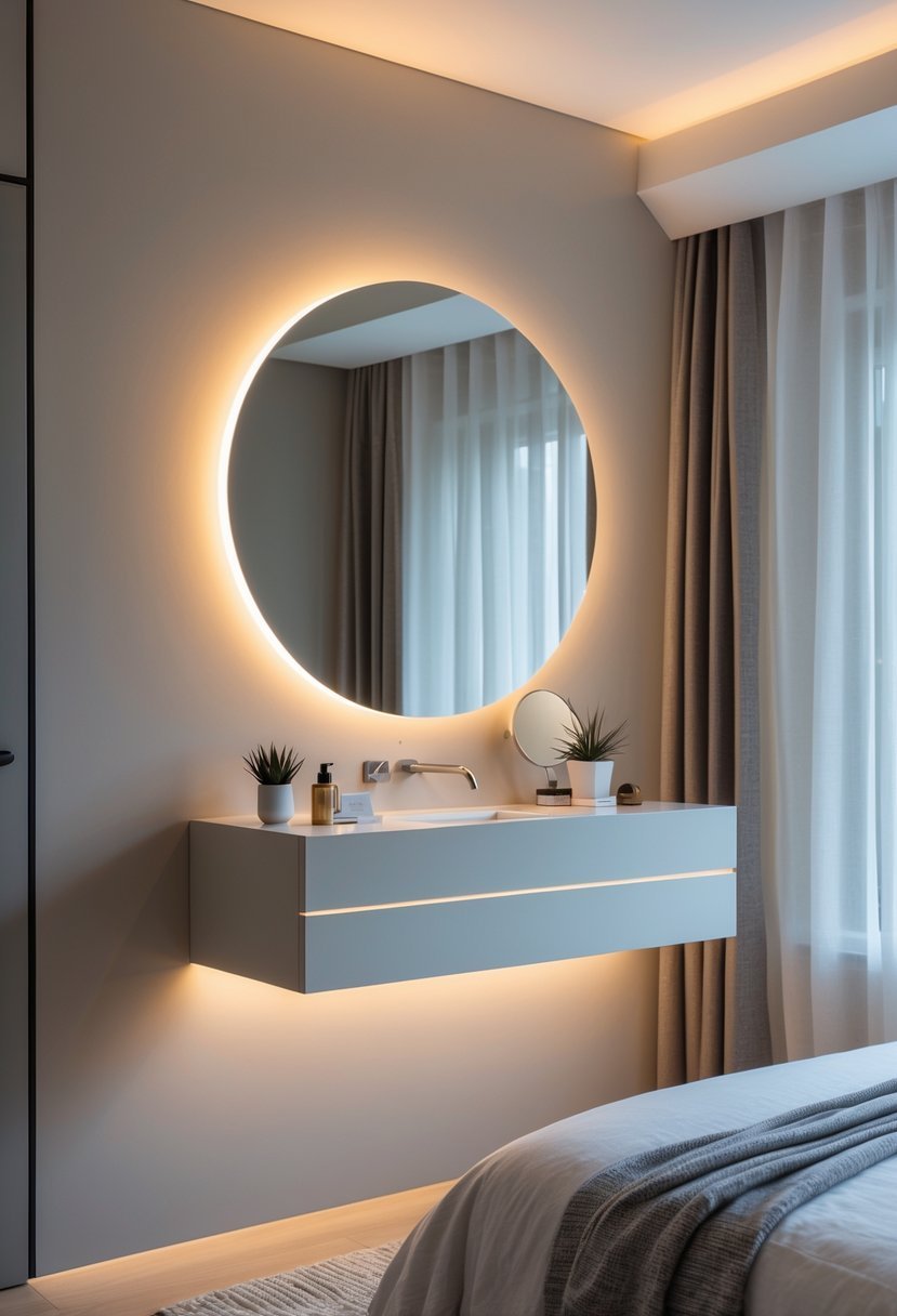 A modern bedroom with a floating wall-mounted vanity illuminated by LED backlighting, featuring a mirror and decorative items on the countertop.