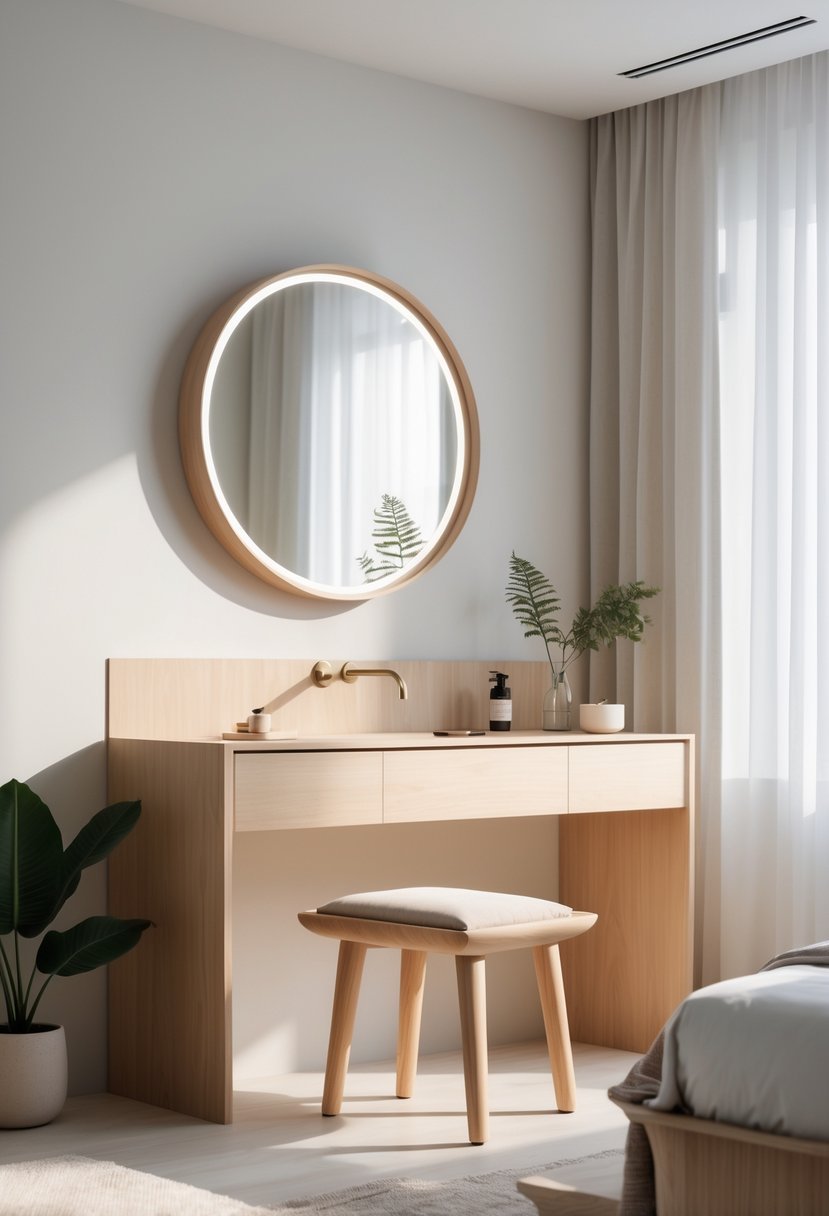 A bedroom vanity with a natural wood finish, a round mirror, a cushioned stool, and a few decorative items on the surface.