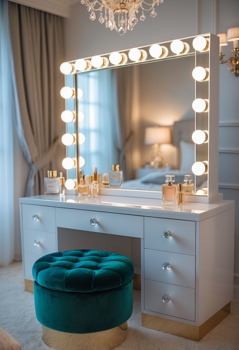 A bedroom vanity with a large mirror, crystal knobs on drawers, and a velvet stool in front.