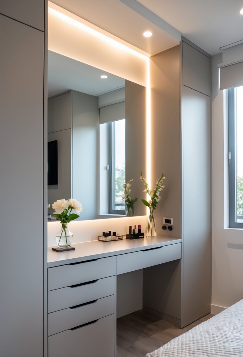 Built-in vanity nook in a bedroom with hidden storage drawers and a large mirror.