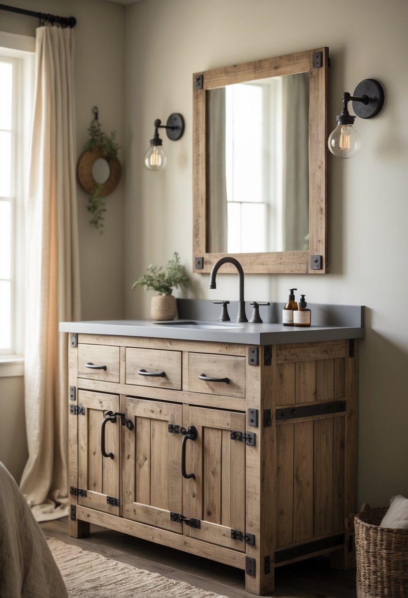 A bedroom featuring a wooden vanity with iron handles and a decorative mirror above it.