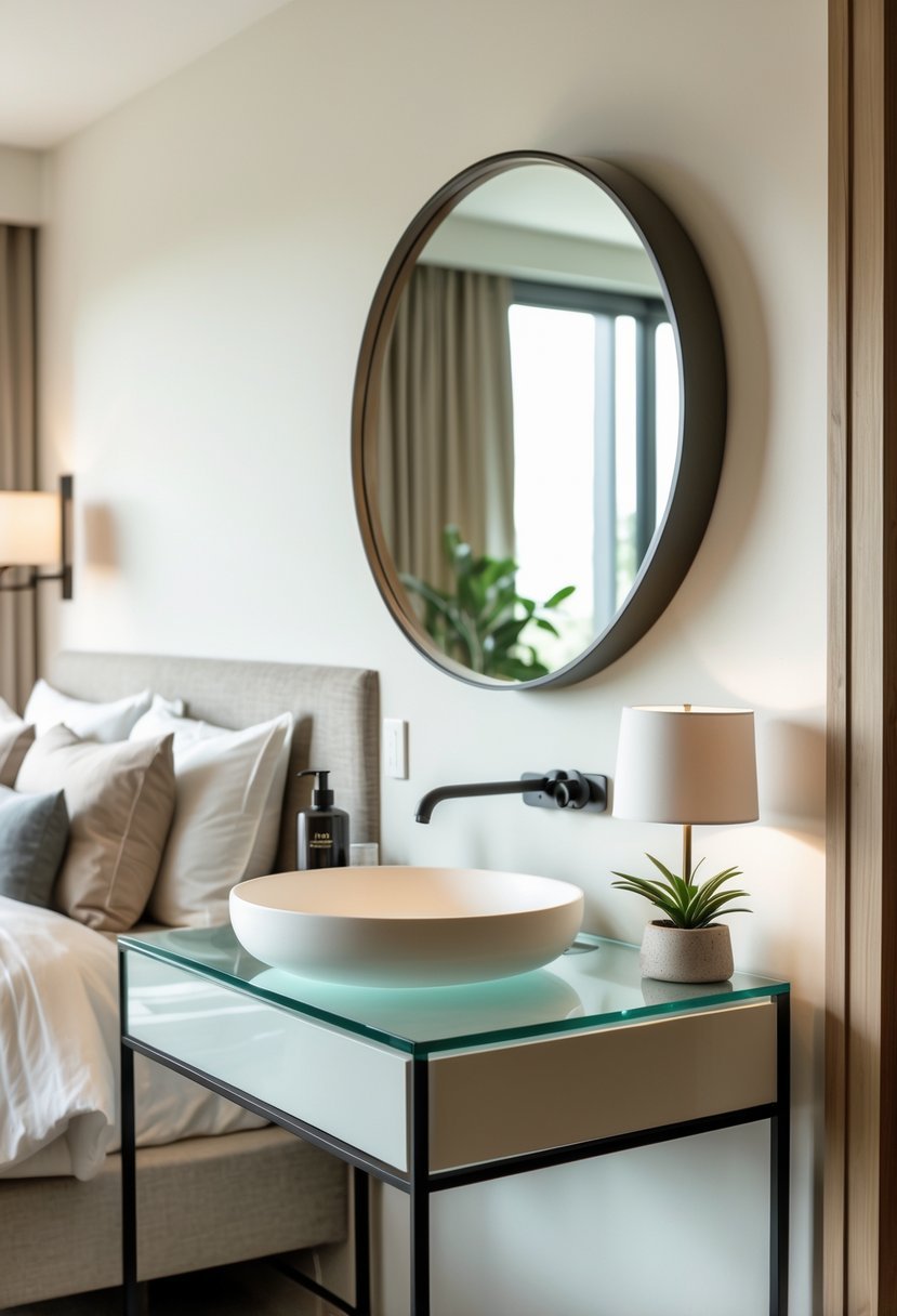 A bedroom with a glass-top vanity table with a metal frame, a round mirror, and a bed in the background.