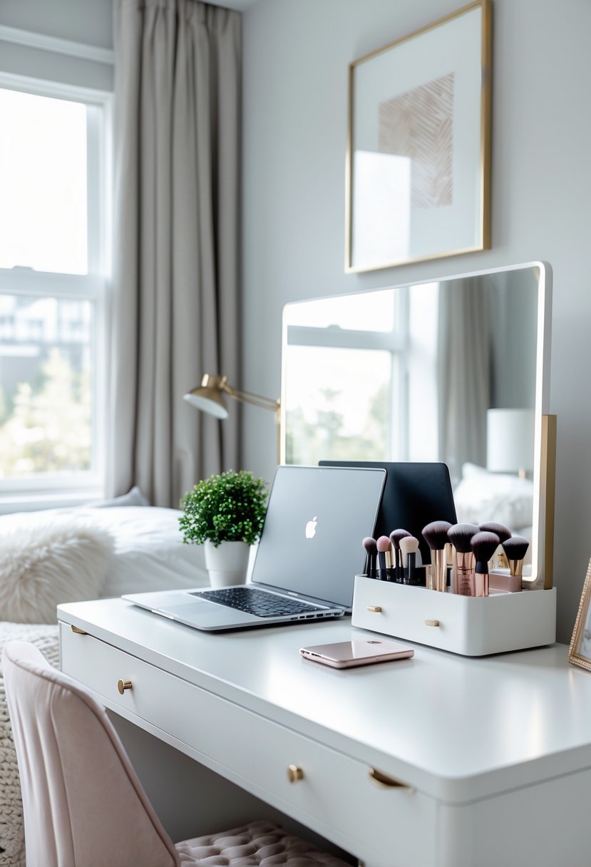 A vanity desk in a bedroom set up with a laptop, makeup organizer, and a mirror, with a bed and soft decor visible in the background.
