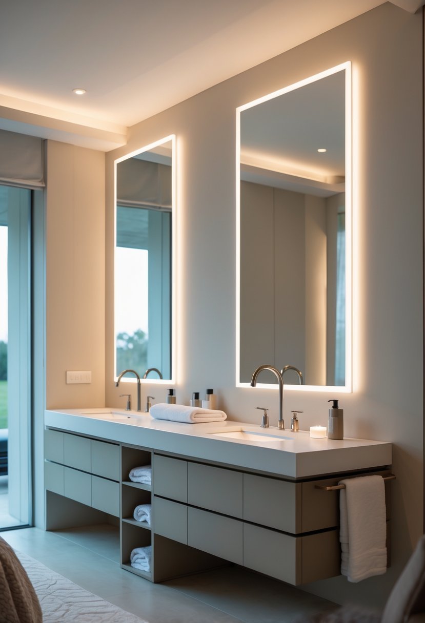 A bedroom with a double vanity setup featuring two large backlit mirrors and neatly arranged vanities.
