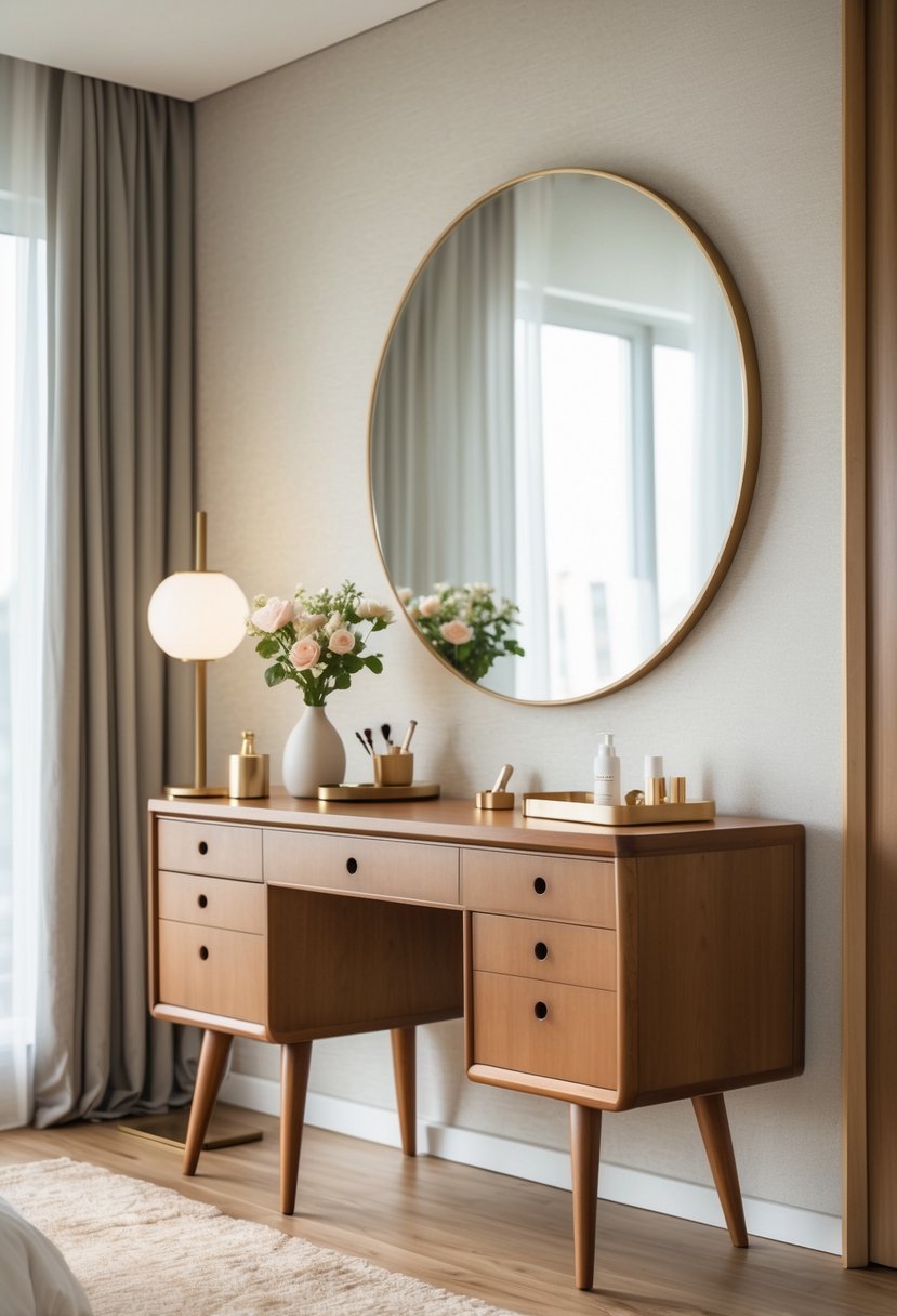A bedroom with a wooden vanity table featuring tapered legs and a round mirror, decorated with flowers and a lamp.