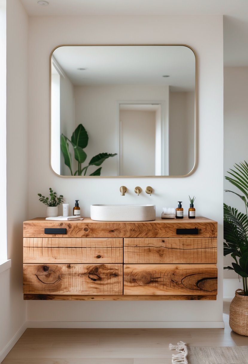 A bedroom vanity made from reclaimed wood with a mirror, sink, and small plants in a bright bedroom.