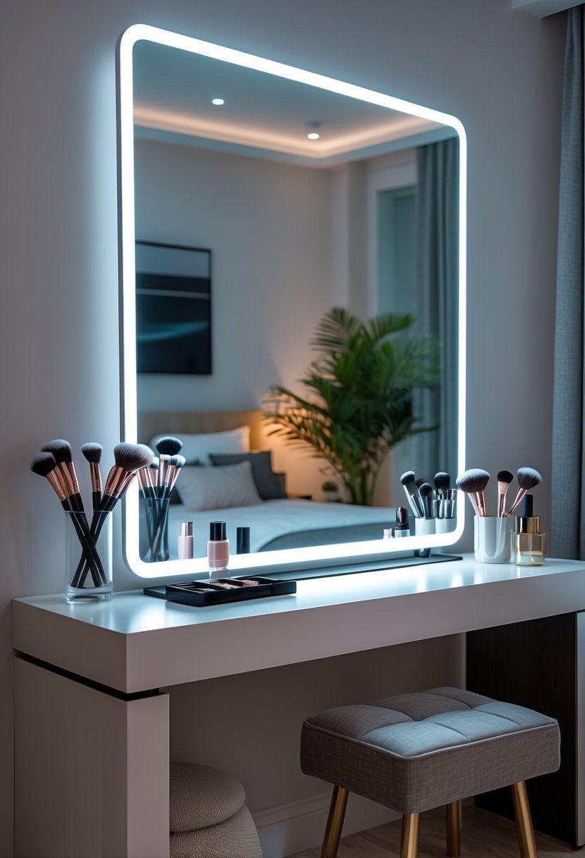 A bedroom vanity with a large mirror and adjustable smart lighting, surrounded by makeup items and a stool.