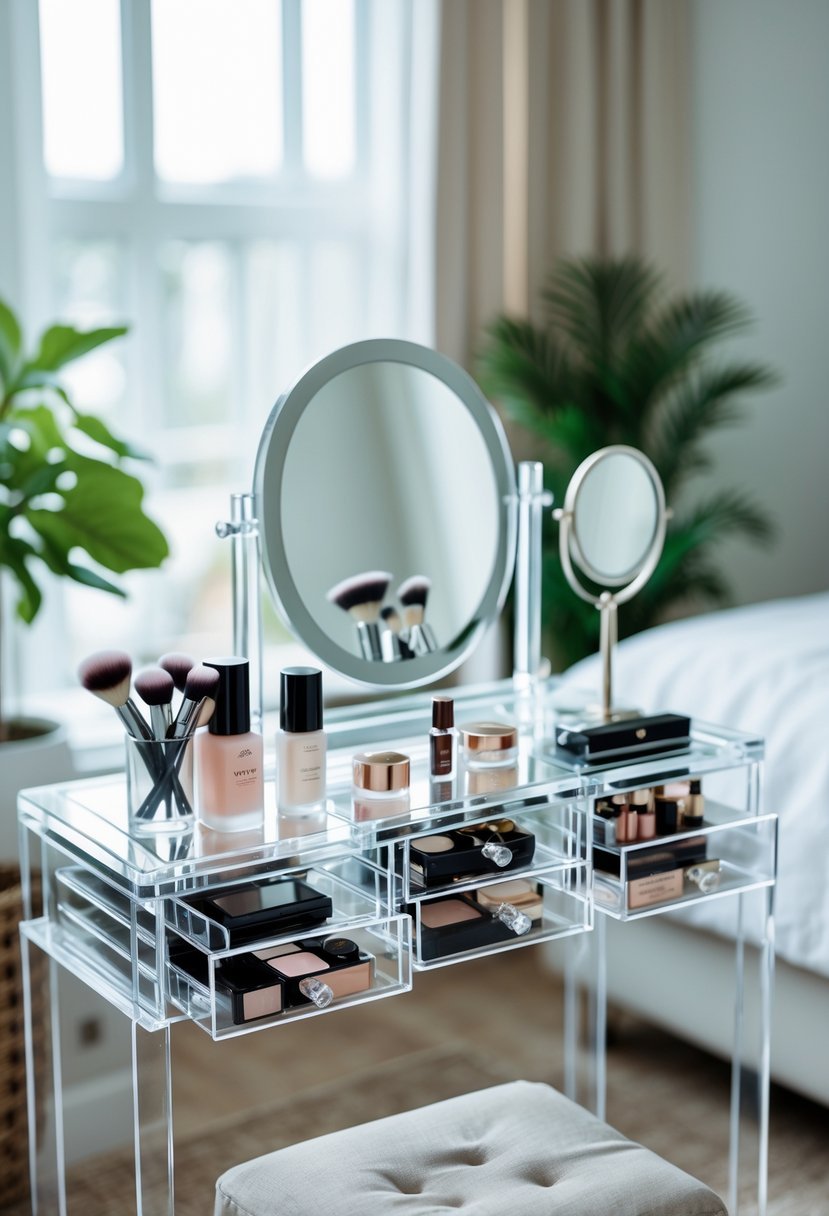 A vanity table with clear acrylic drawers filled with makeup and beauty products in a bright bedroom.