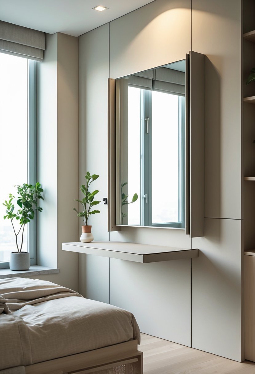 A bedroom with a wall-mounted folding vanity that saves floor space, showing the vanity folded down with a mirror and compact surface.