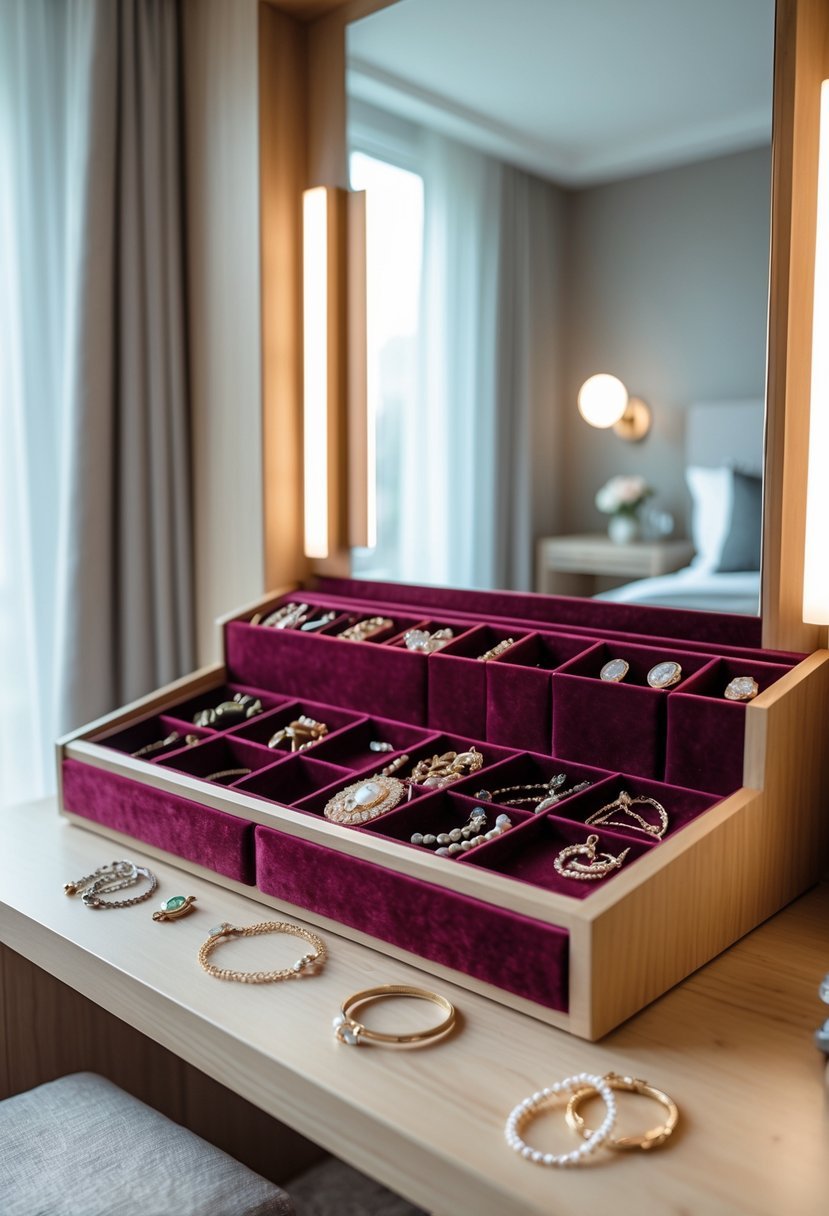 Bedroom vanity with built-in jewelry organizer displaying neatly arranged jewelry and a cushioned stool in a softly lit room.