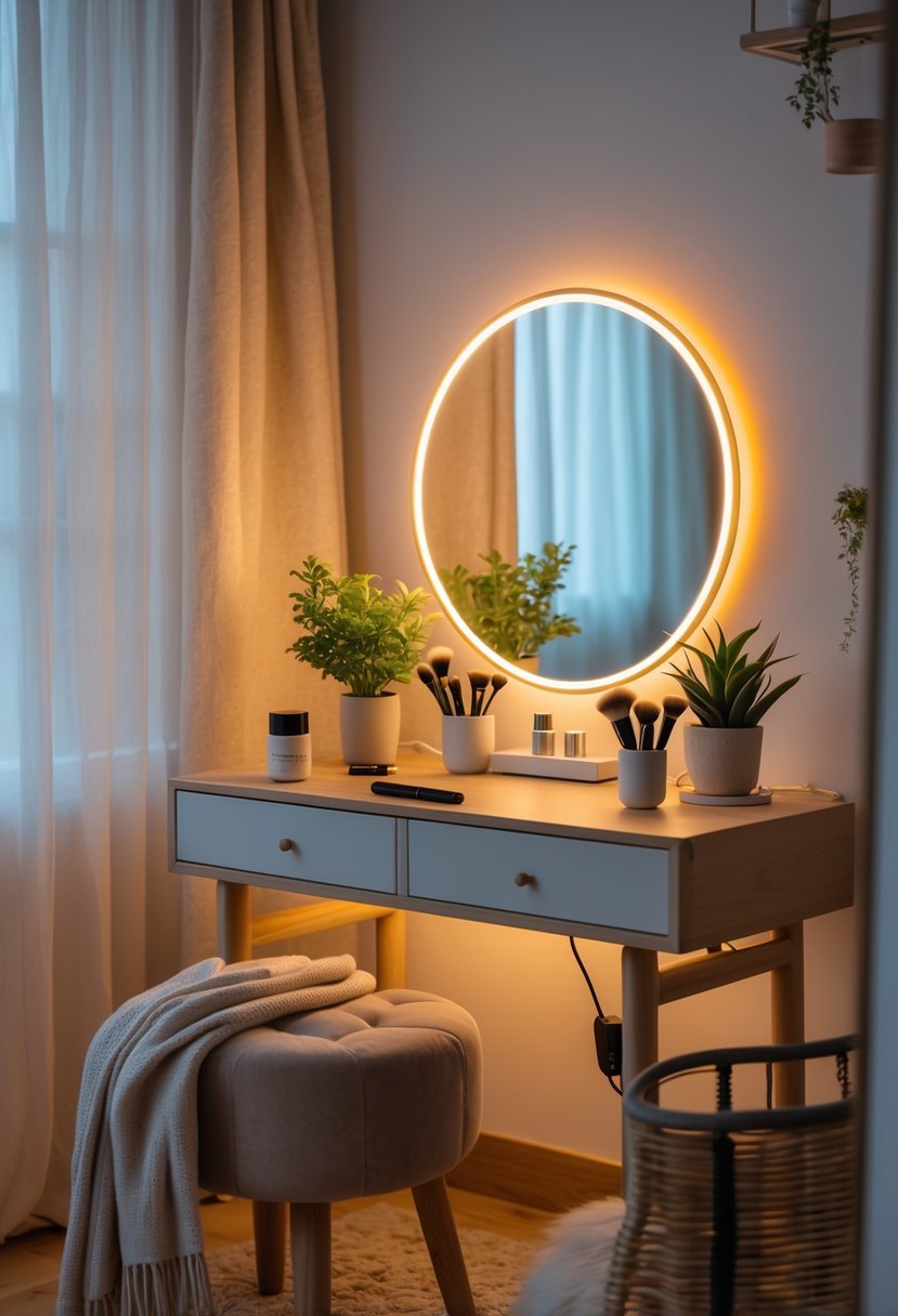 A cozy bedroom vanity setup with warm lighting, a round mirror, makeup brushes, plants, and soft textiles.