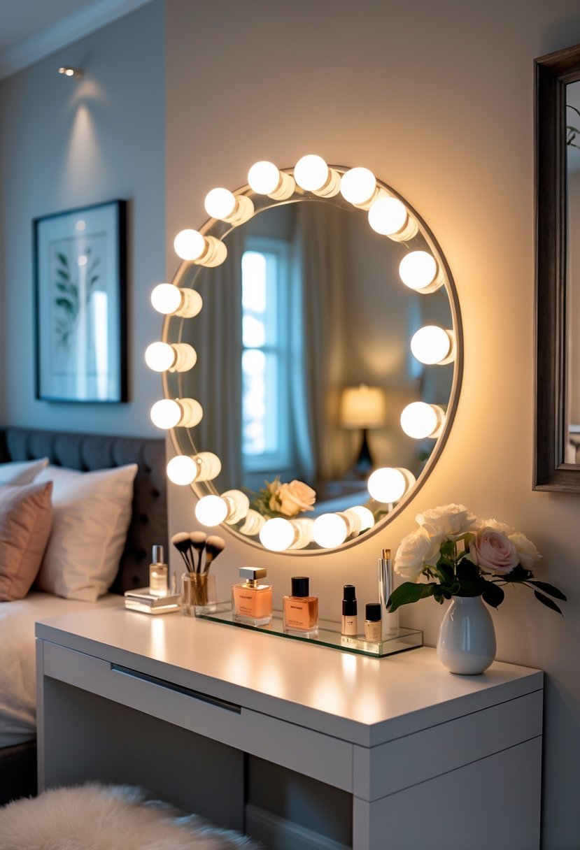 A bedroom vanity with a round mirror surrounded by bright light bulbs, a table with beauty products, and a bed in the background.