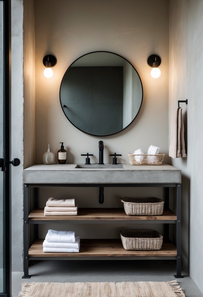 A bathroom vanity with open shelves and a concrete countertop, displaying towels and toiletries under soft lighting.