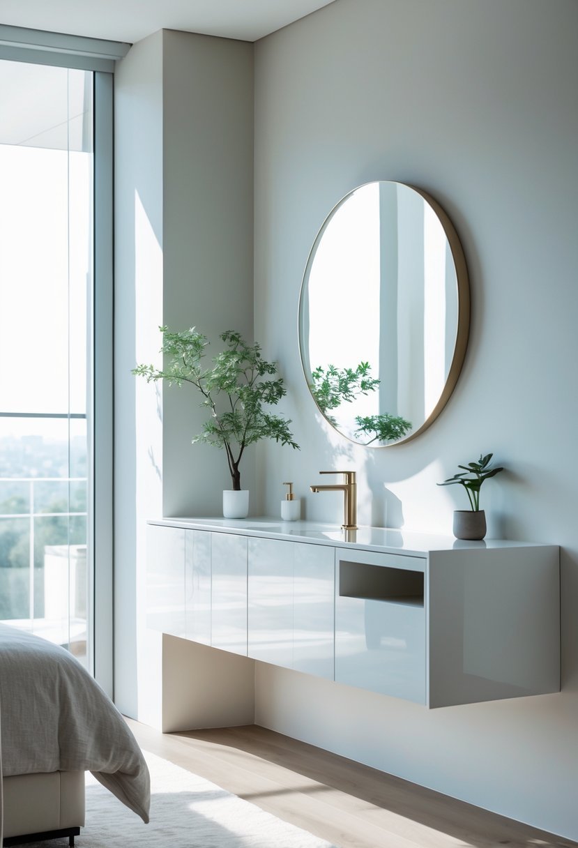 A white lacquer vanity with hidden compartments in a bright bedroom with a round mirror and a small plant.