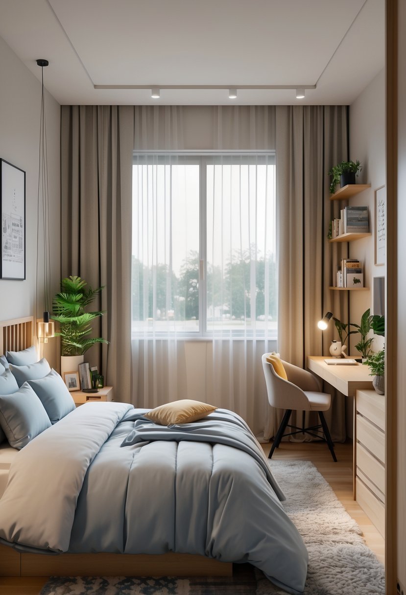 A neatly arranged bedroom with a bed, desk, chair, bookshelf, and large window letting in natural light.