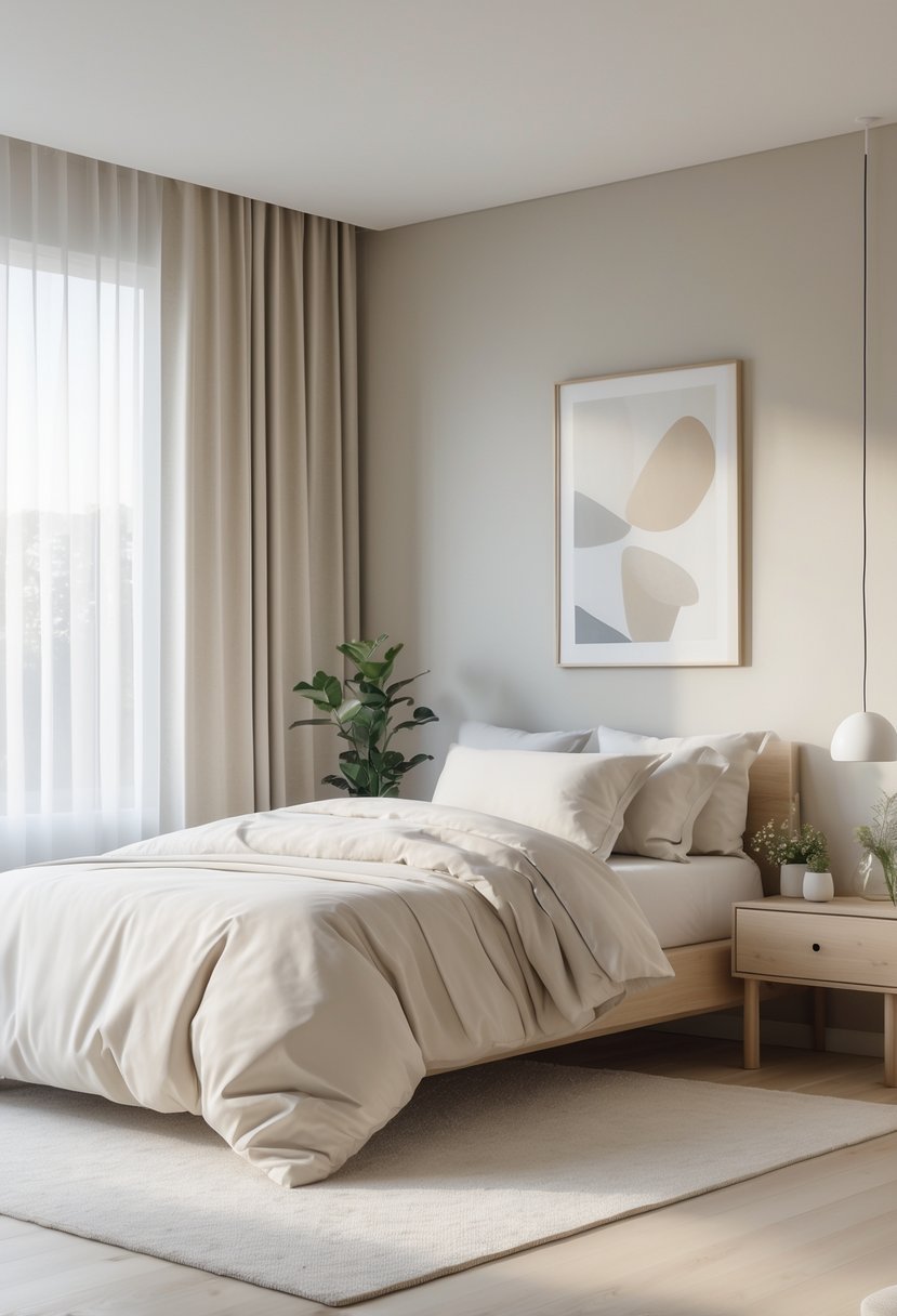 A tidy bedroom with a bed, nightstand, lamp, potted plant, and window with sheer curtains.