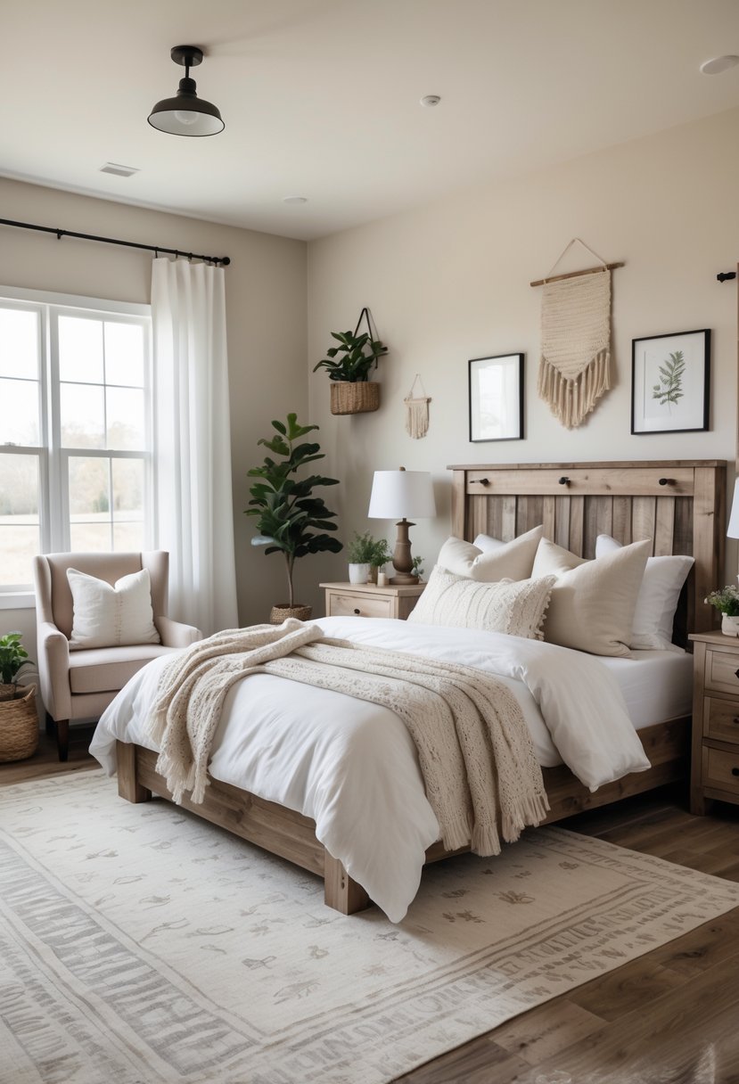 A bright bedroom with a large bed, wooden furniture, plants, and soft natural lighting.