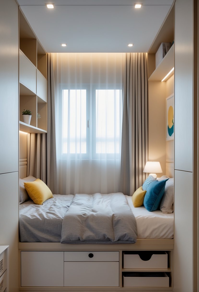 A small, neatly arranged bedroom with a bed, bedside table, lamp, shelves, and natural light coming through a window.