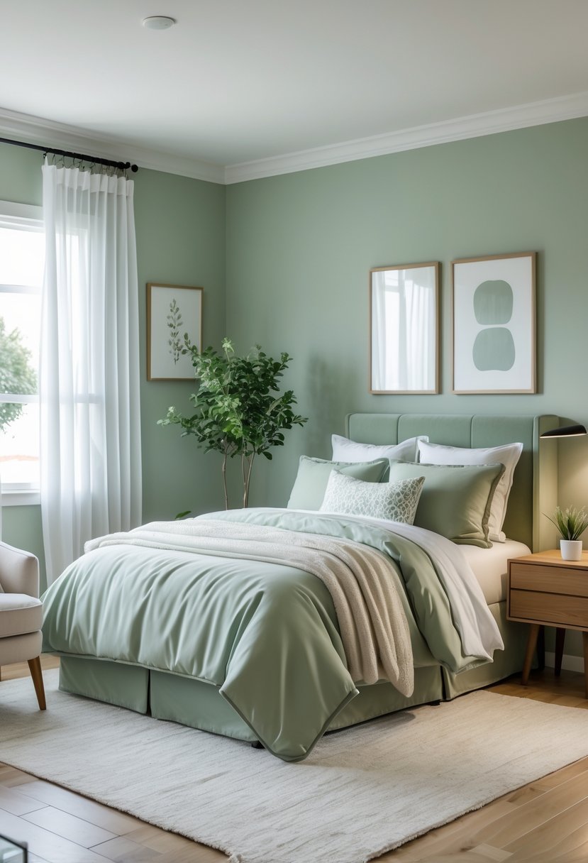 A guest bedroom with a bed, nightstand, window with curtains, and an armchair, decorated in soft green and white colors.