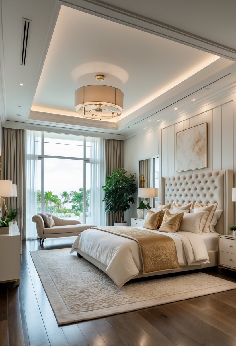 A spacious bedroom with a large bed, tall windows with sheer curtains, a chaise lounge, and elegant decor.