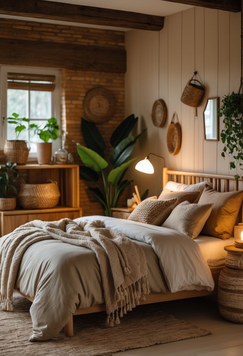 A bedroom with a wooden bed, soft bedding, a bedside table with a lamp, potted plants, and warm lighting.