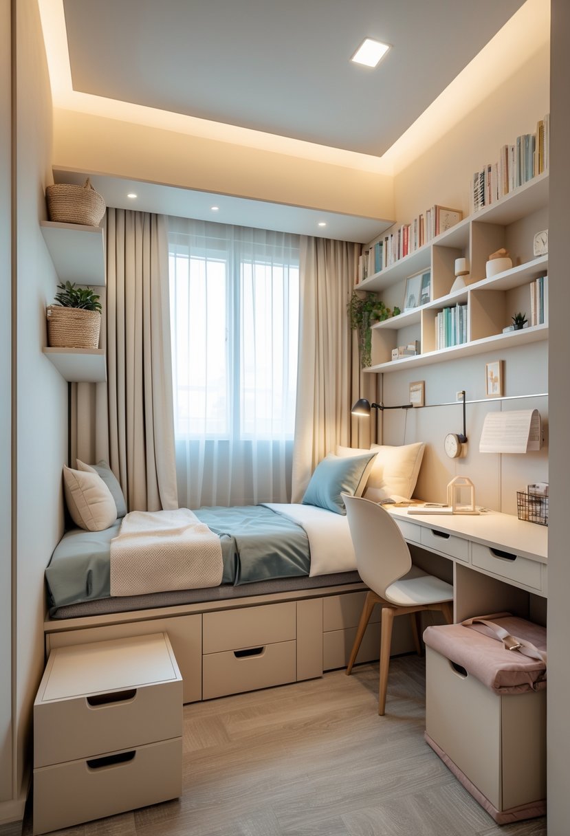 A small bedroom with a bed featuring built-in drawers, wall shelves holding books and decor, a desk with storage compartments, and natural light coming through a window.