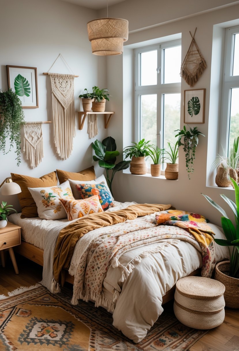 A cozy bedroom with a bed, wooden furniture, plants, and decorative wall hangings in a warm and inviting setting.