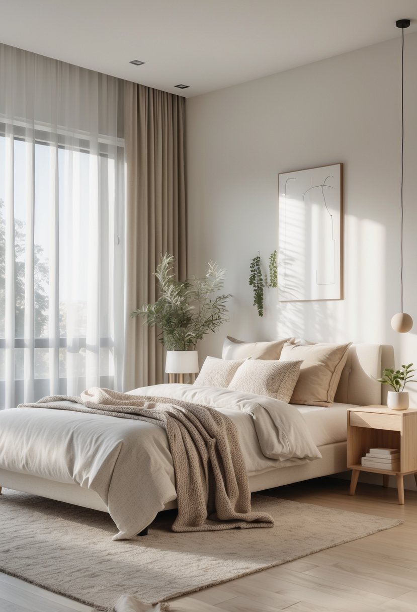 A bright bedroom with a neatly made bed, wooden furniture, plants, and natural light coming through large windows.