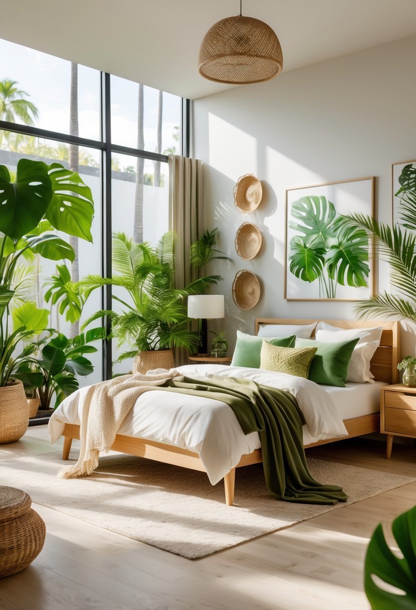 A bright bedroom with large windows, a bed surrounded by green tropical plants, wooden furniture, and natural light.
