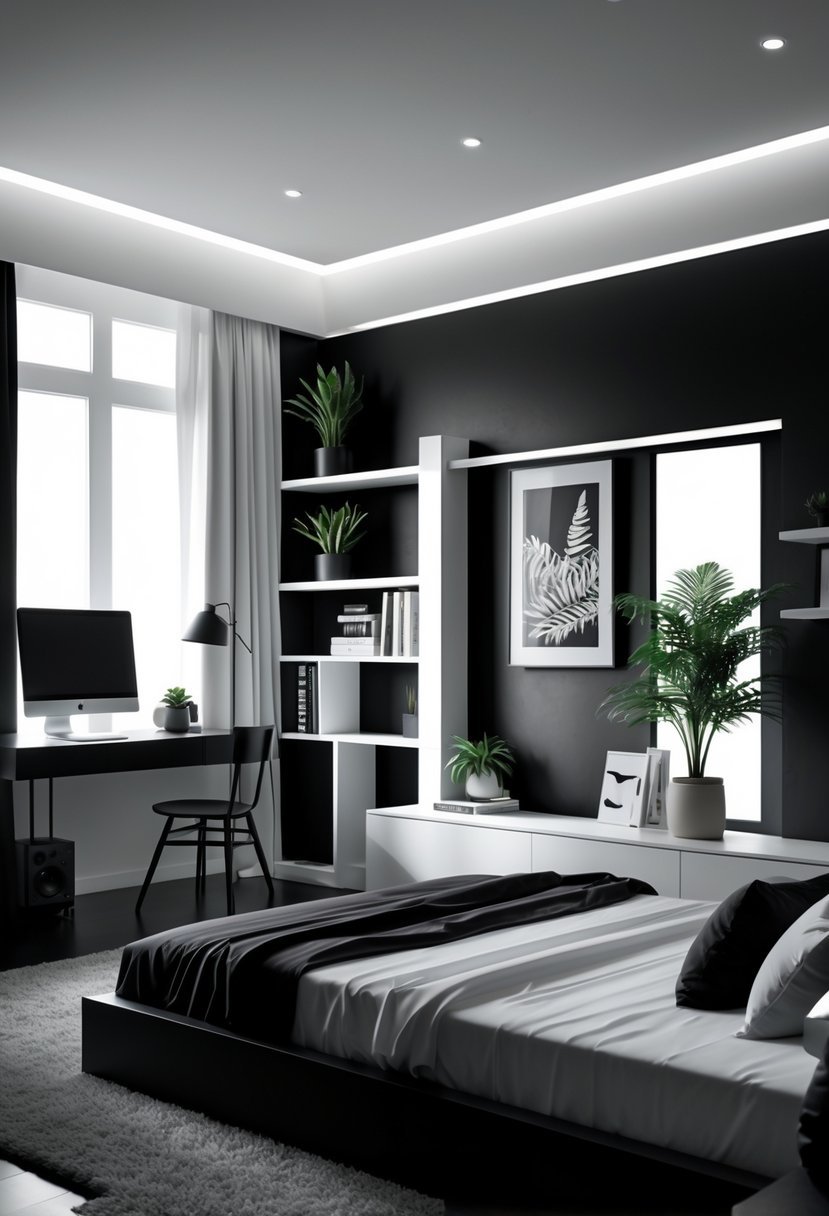 A modern bedroom with a bed, desk, shelves, and decorative items arranged neatly in black and white tones.