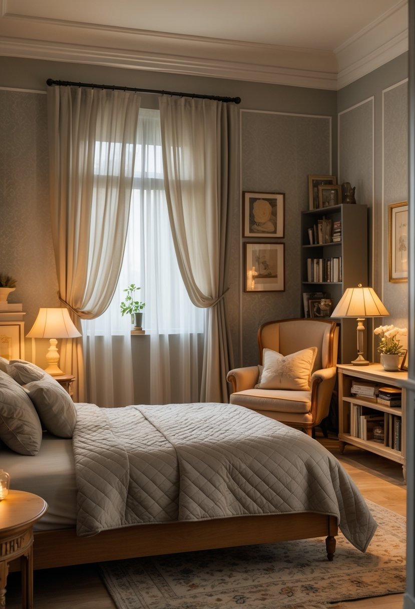 A neatly arranged bedroom with a wooden bed, bedside table with lamp, armchair, bookshelf, and window with sheer curtains.