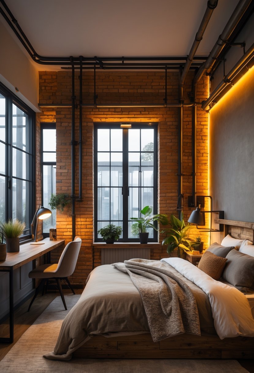 A cozy bedroom with exposed brick walls, wooden furniture, metal accents, warm lighting, and a neatly made bed.