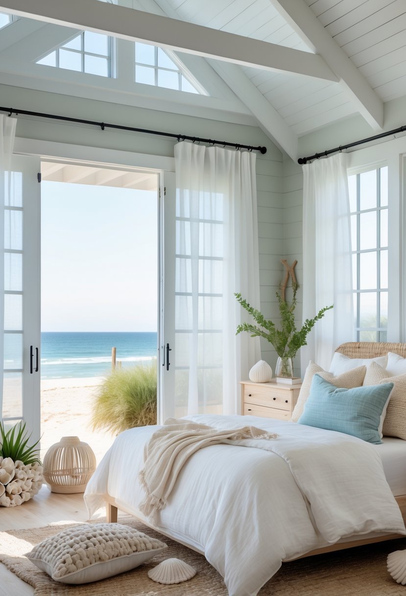 A bright bedroom with a cozy bed, natural wood furniture, plants, and large windows letting in sunlight.