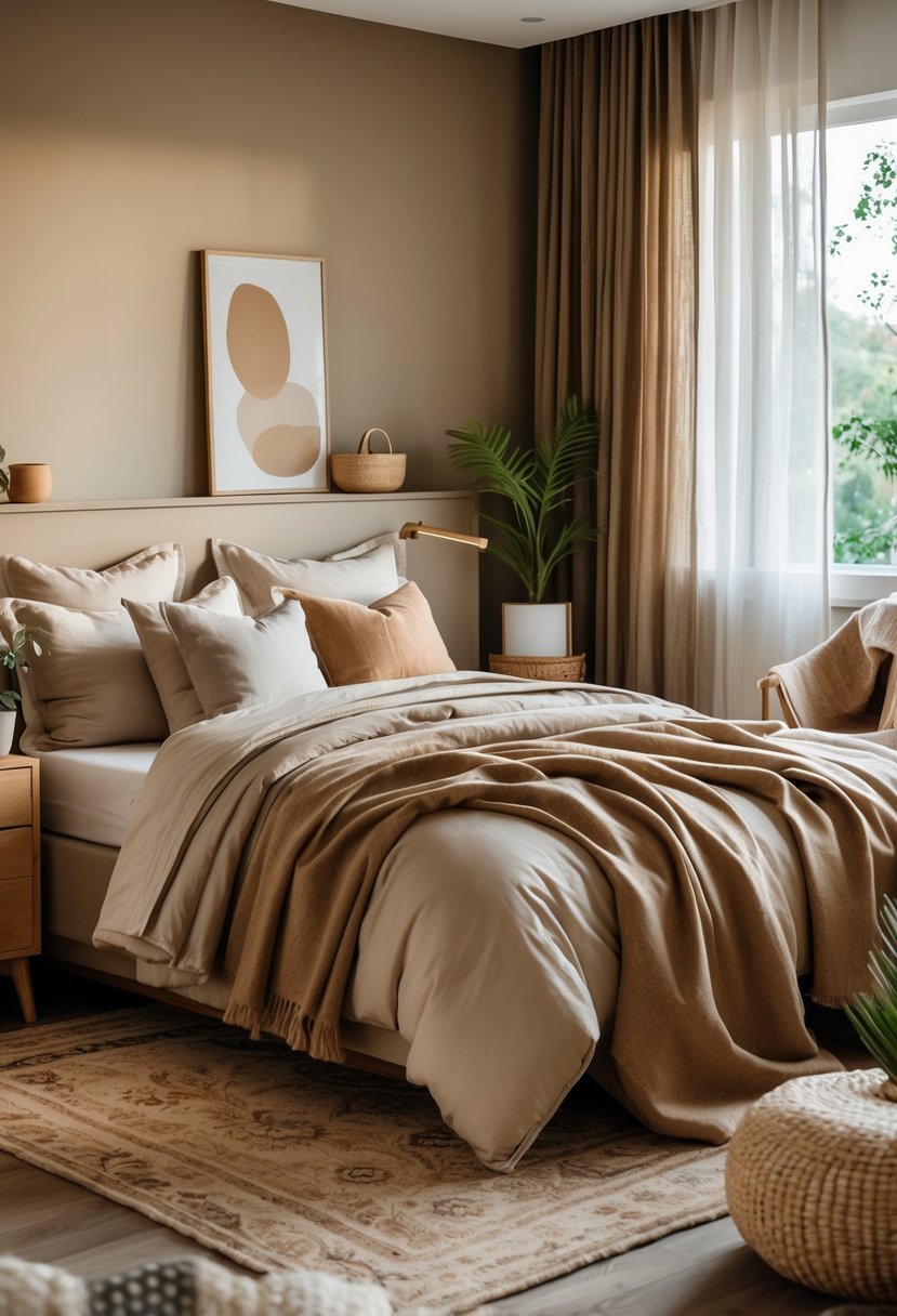 A cozy bedroom with a bed, nightstand, potted plant, lamp, and natural light coming through curtains.