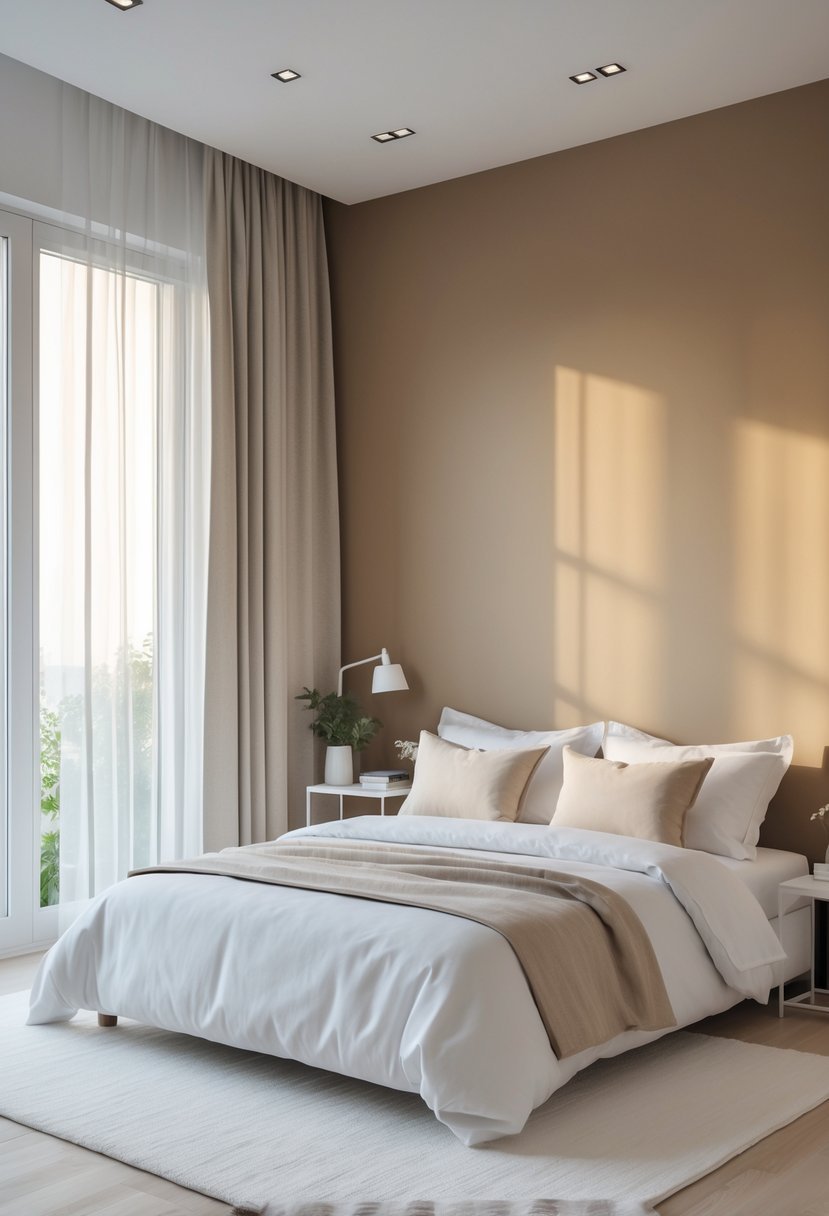 A bedroom with a neatly made bed against a colored accent wall, a bedside table with a lamp, and natural light coming through a window.