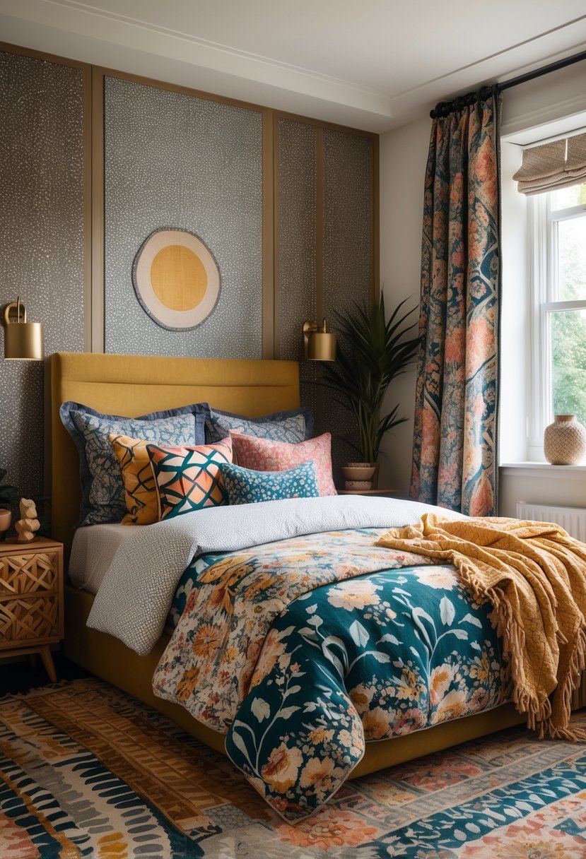 A bedroom with a bed, patterned pillows and blankets, a wooden nightstand, a window with curtains, and a textured wall.