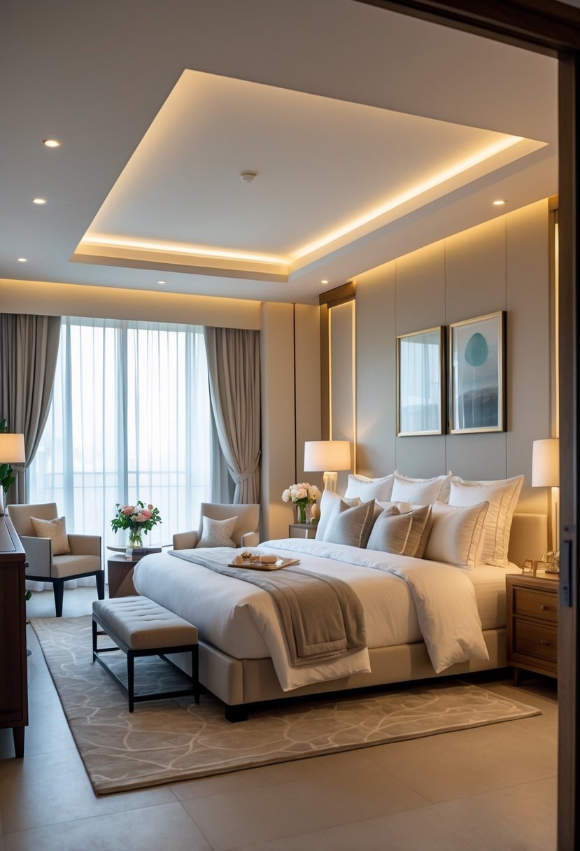 A cozy bedroom with a large bed, bedside lamps, wooden furniture, and soft natural light coming through the windows.