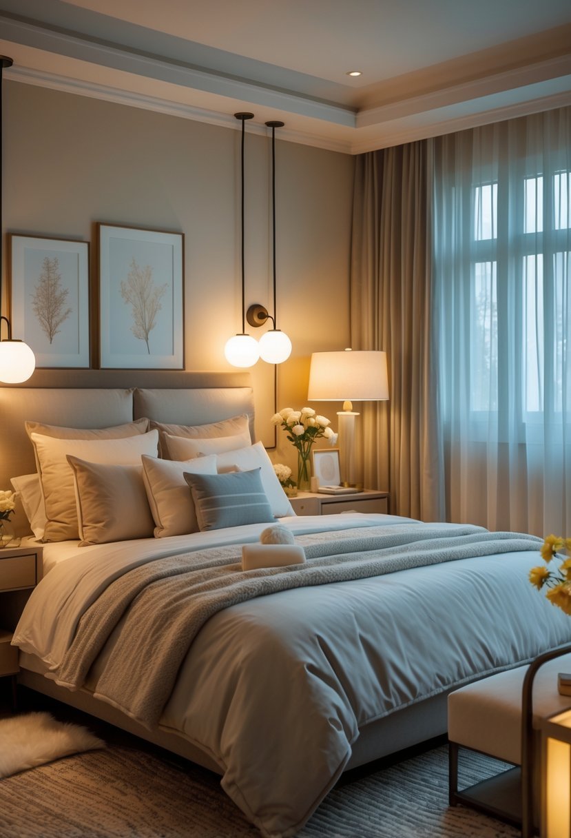 A cozy bedroom with a large bed, soft pillows, warm layered lighting from dimmable lamps, and tasteful decor creating a relaxing space for couples.