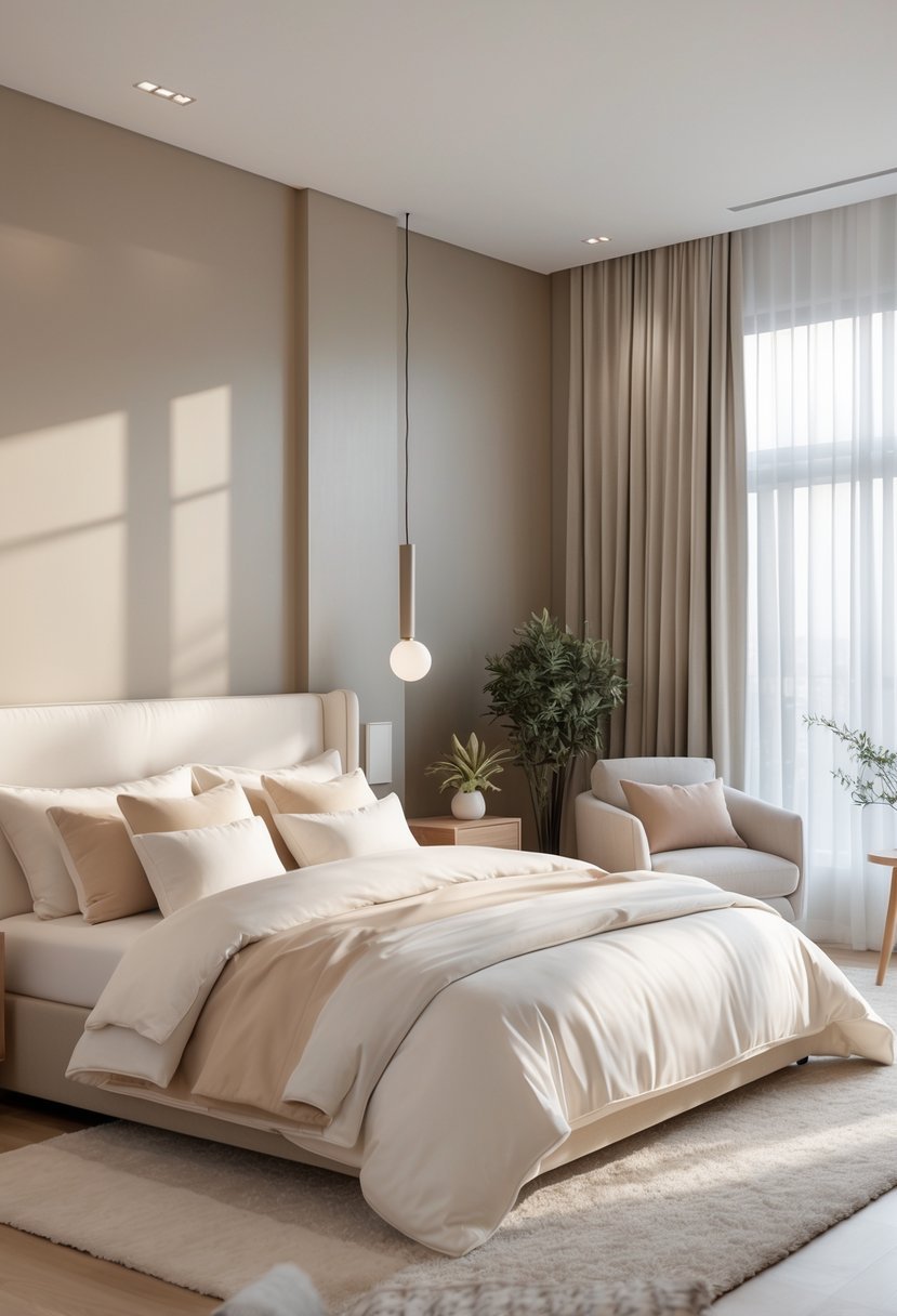 A bedroom with a large bed, neutral-colored bedding, soft lighting, and a cozy seating area.