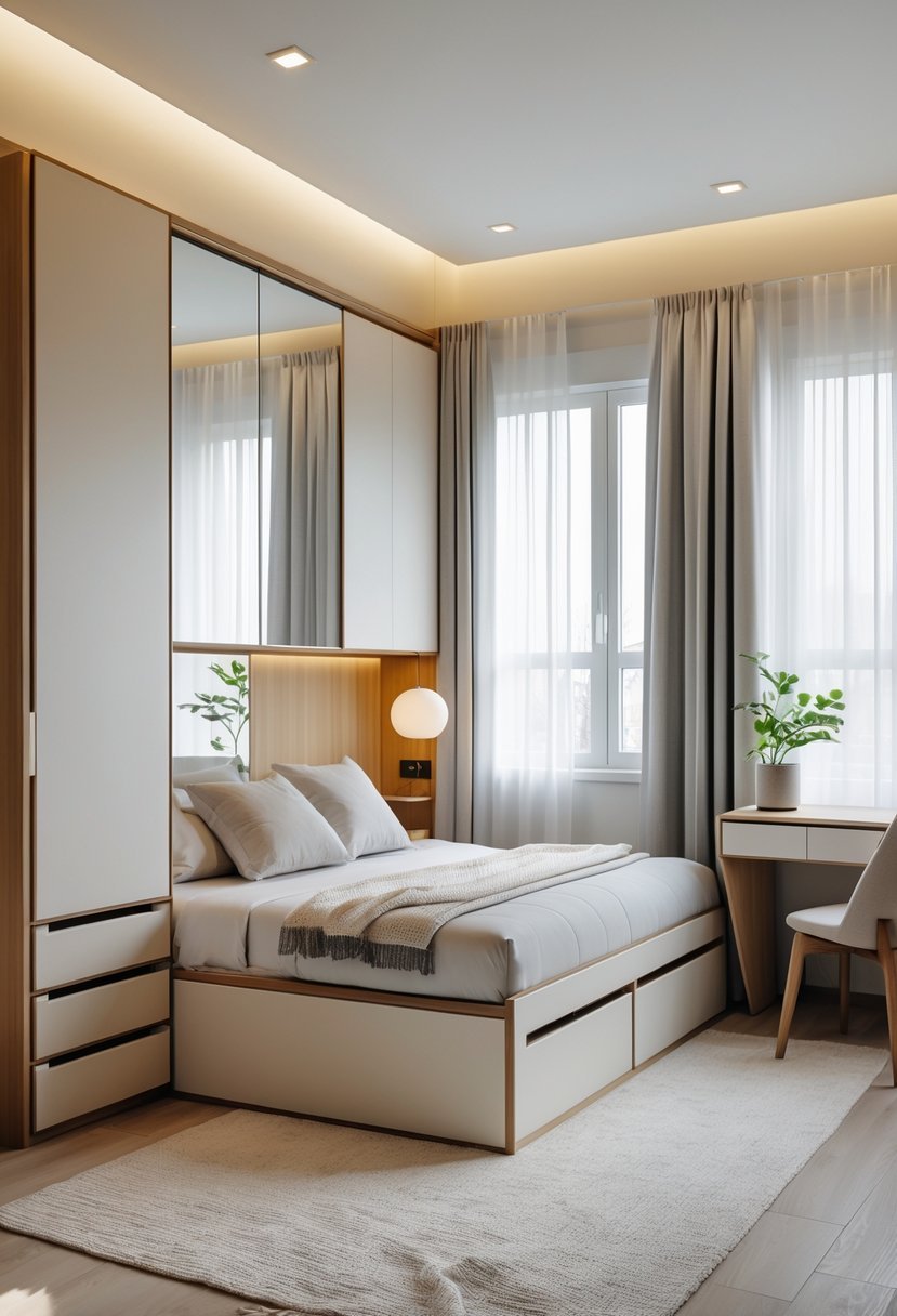 A bedroom with a bed that has storage drawers underneath, a foldable wall desk, and a compact wardrobe, illuminated by natural light.