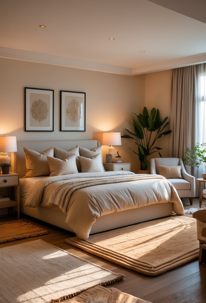 A cozy bedroom for couples with a large bed and layered textured rugs on the floor.