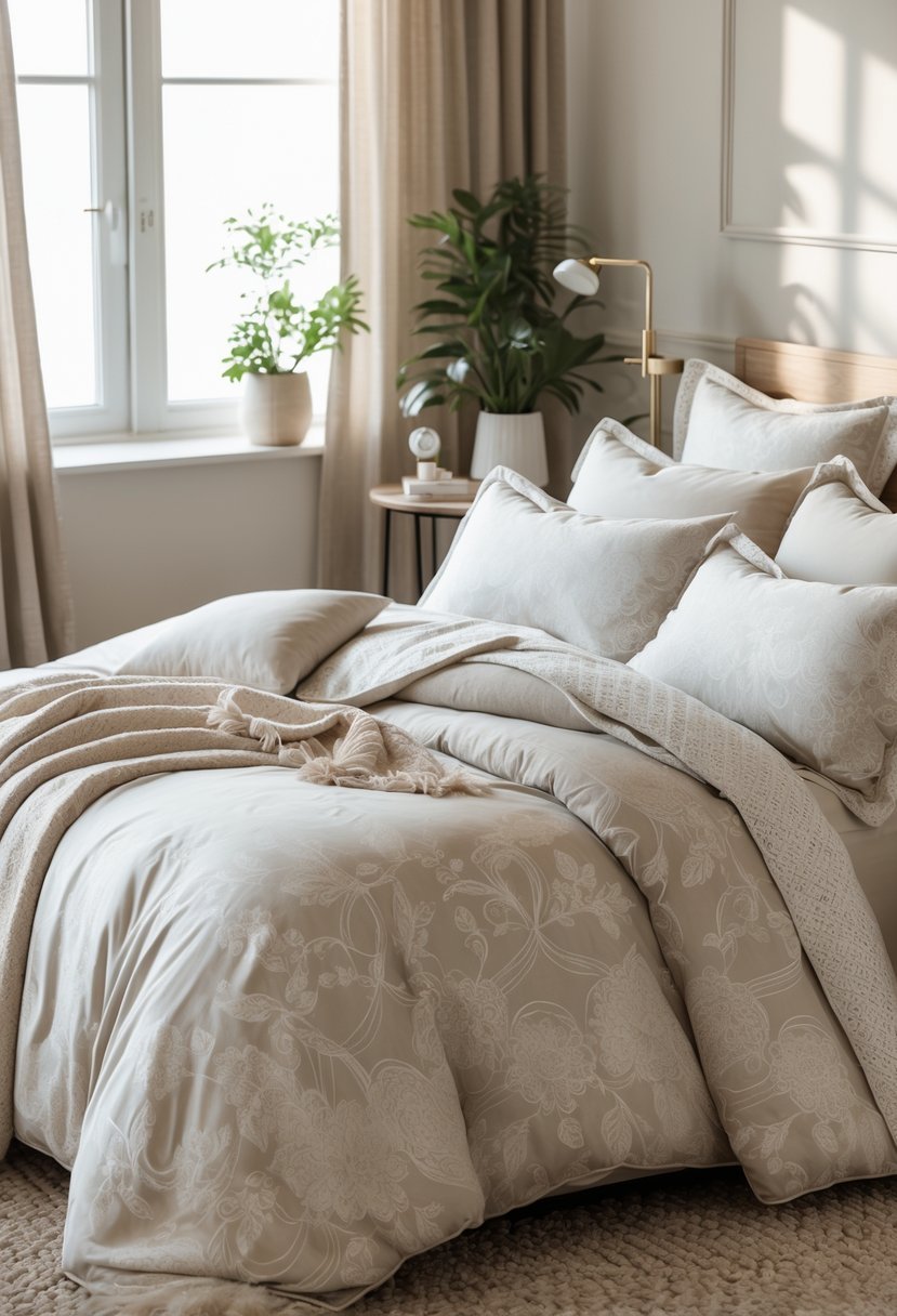 A bedroom with a bed made with matching bedding sets featuring subtle patterns, soft lighting, and simple decor.