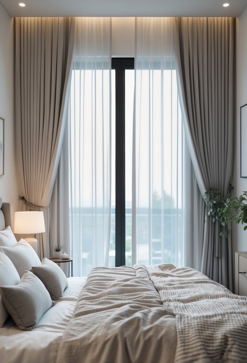 A modern bedroom for couples with a large bed and blackout curtains partially drawn, creating a calm and restful atmosphere.