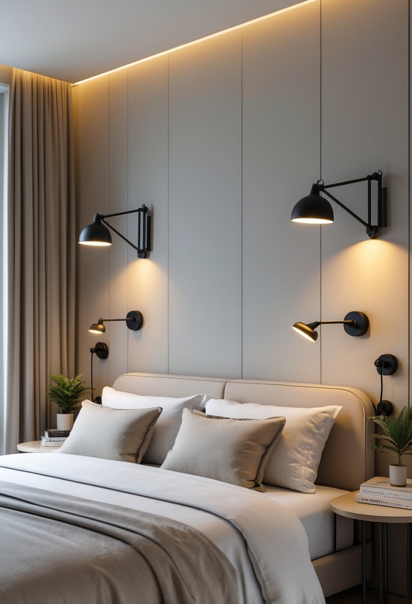 A bedroom with a bed and wall-mounted reading lights on both sides above the headboard.