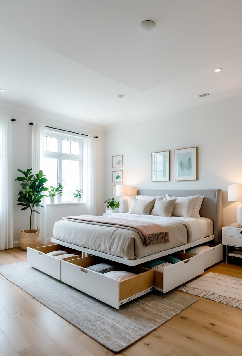 A modern bedroom with a large bed featuring open under-bed drawers for shared storage, surrounded by bedside tables and soft natural light.
