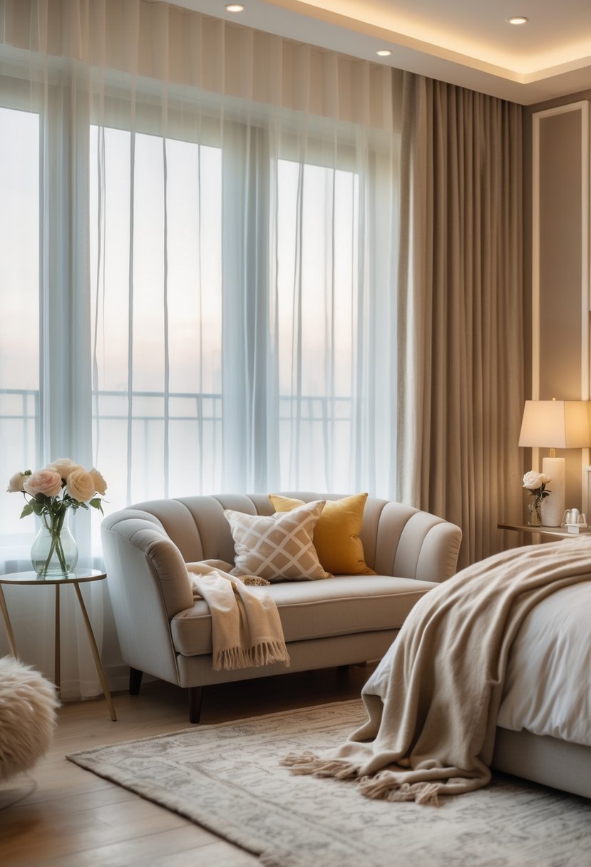 A cozy seating area with a loveseat or armchair next to a window in a bedroom.