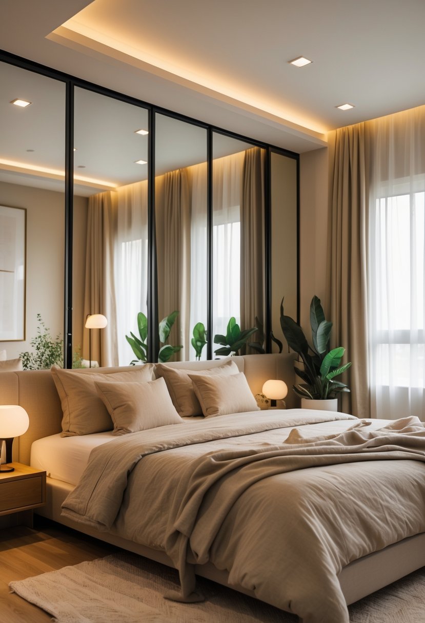 A cozy bedroom with a large bed and mirrored closet doors reflecting light to make the room appear bigger.