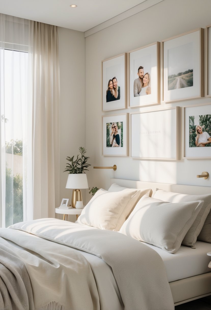 A cozy bedroom with a neatly made bed and several minimalist photo frames displaying personal pictures on the wall above the bed.