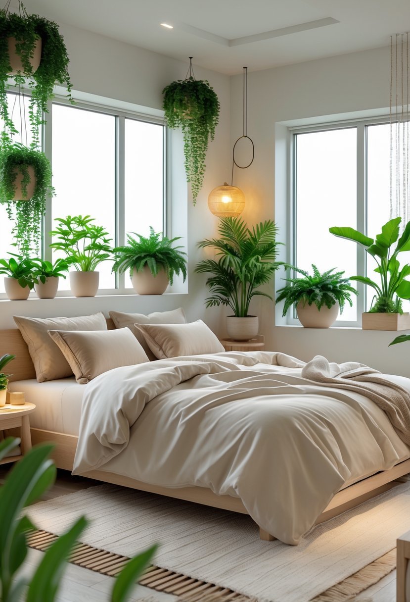 A cozy bedroom with a large bed and several green plants placed around the room, creating a fresh and calming atmosphere.